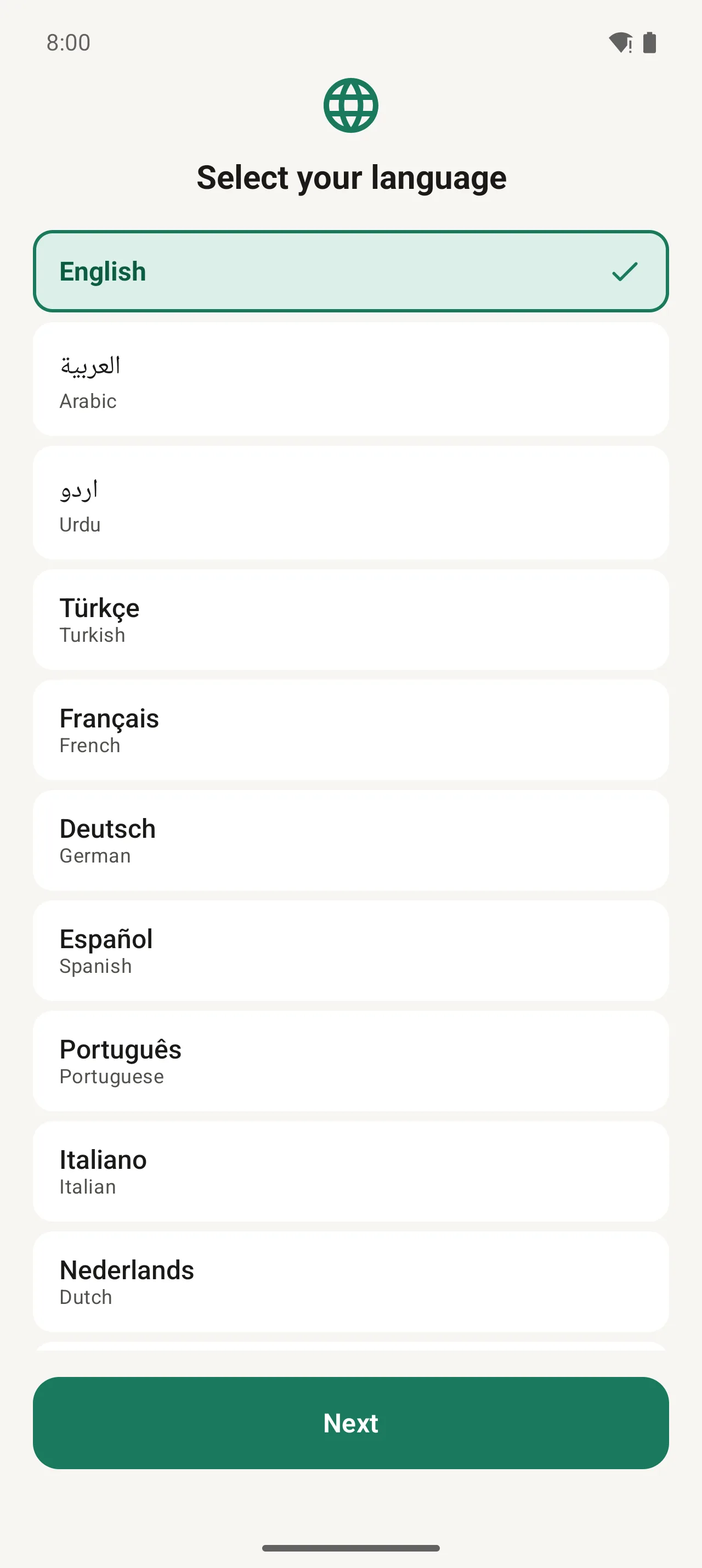 PillDrops language selection screen with English selected and a Next button