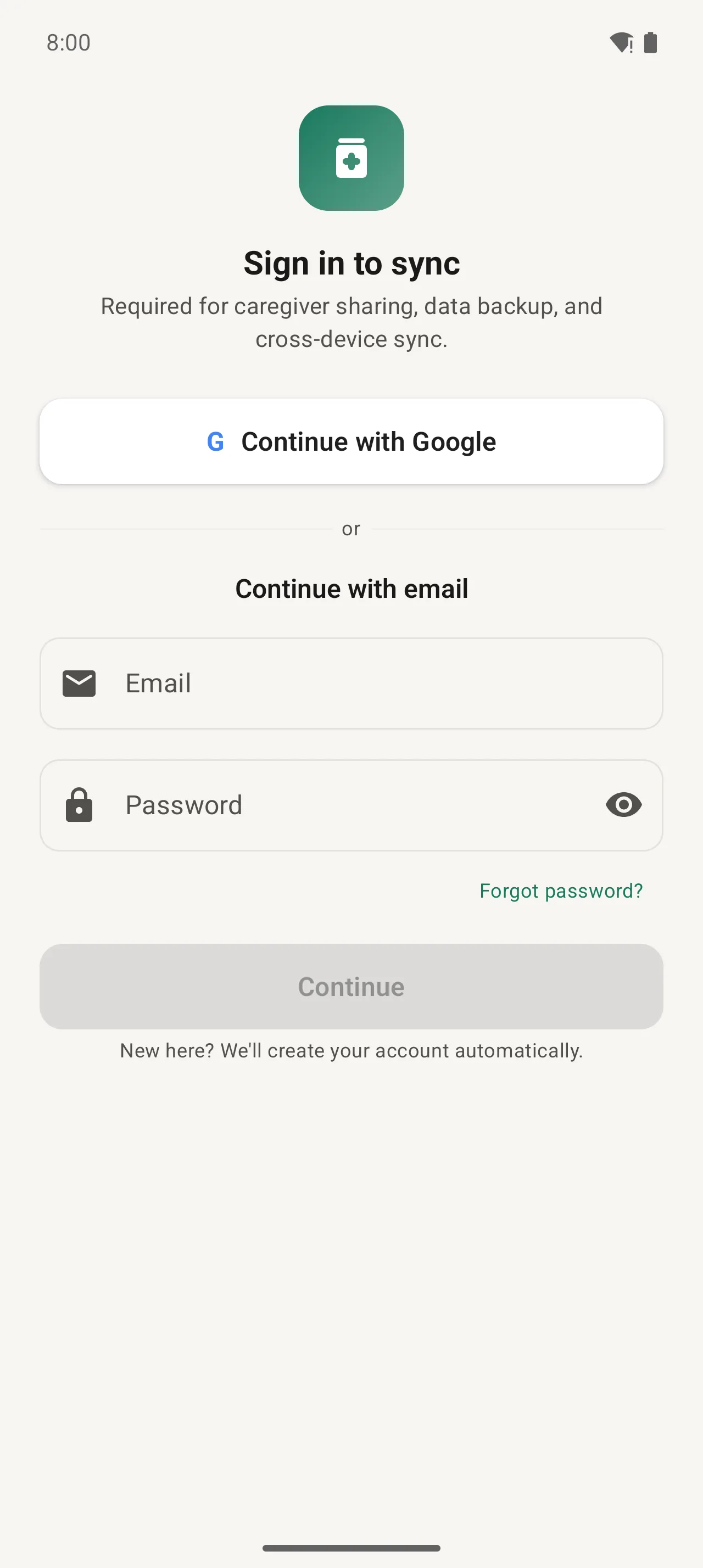 PillDrops sign-in screen with Continue with Google button and email/password fields