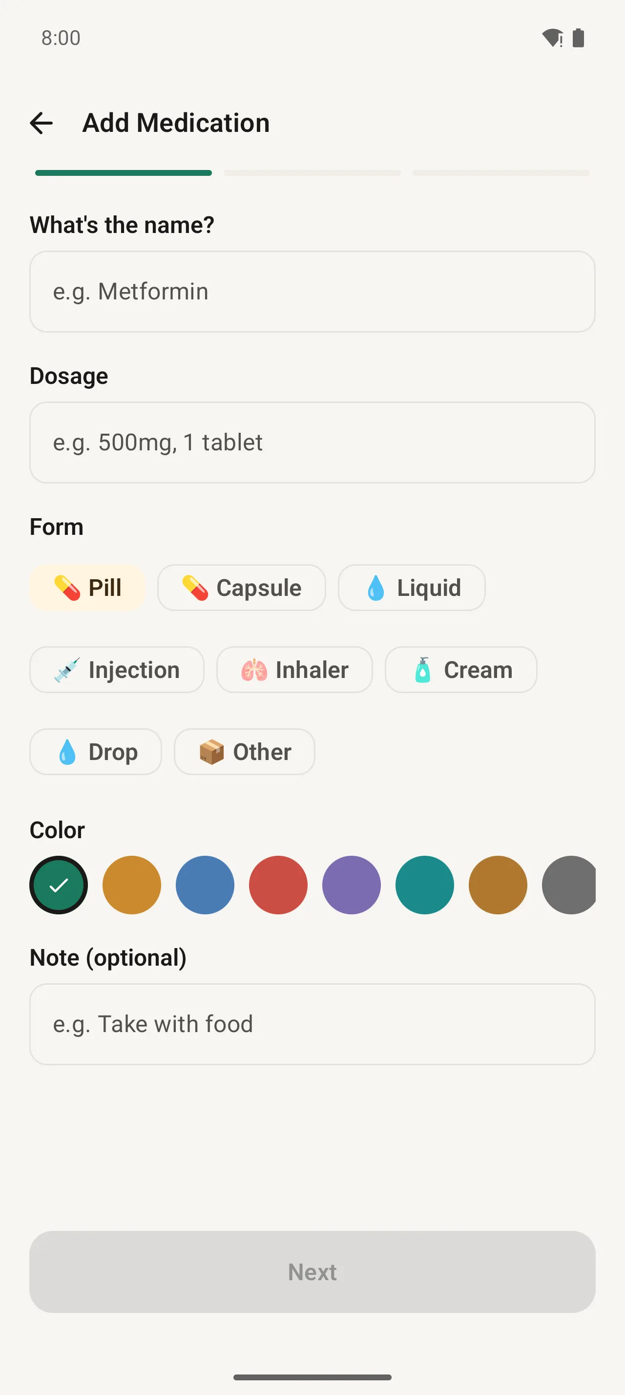 Add Medication form with fields for name, dosage, form, color, and notes